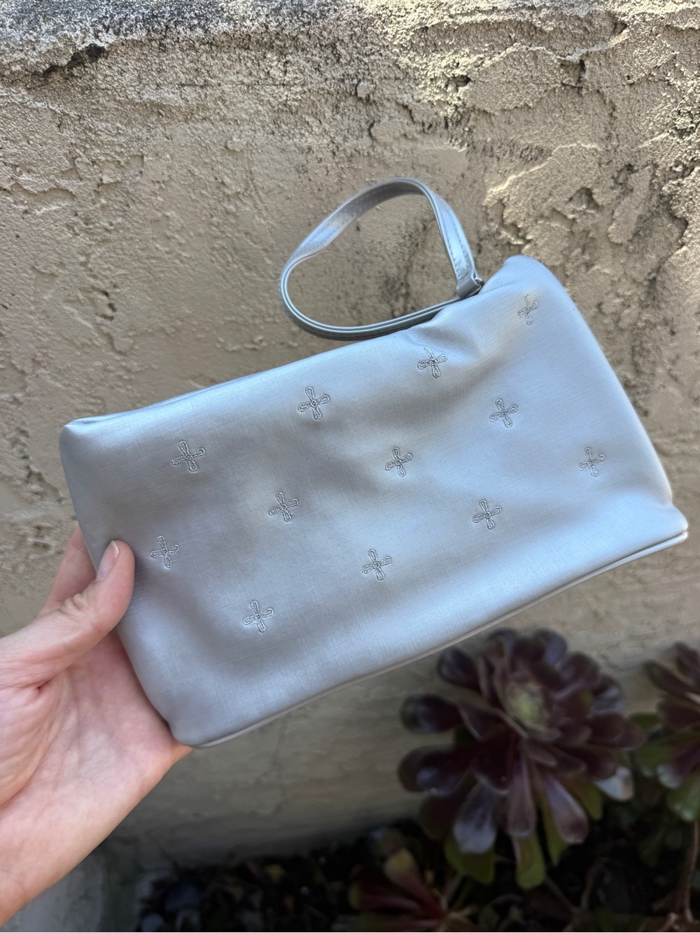 Vintage Silver Embroidered Wristlet Clutch Wedding Guest Bag Purse Accessory